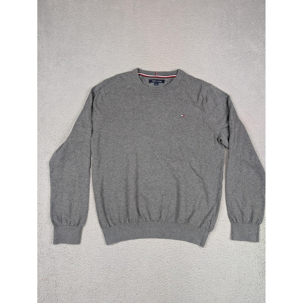 Tommy Hilfiger Sweater Mens Large Gray Cotton Crewneck Pullover Logo Casual‎